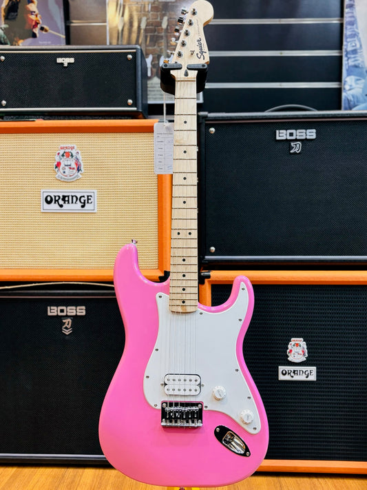 Squier Sonic Stratocaster HT H Electric Guitar w/White Pickguard, Maple FB, Flash Pink