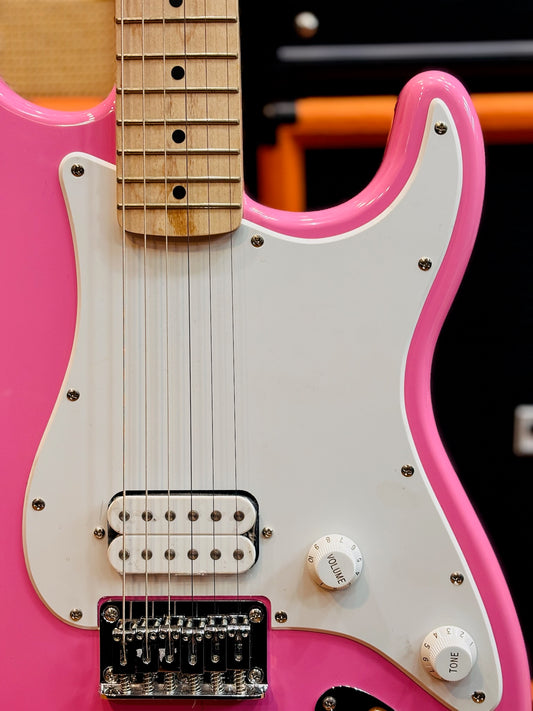 Squier Sonic Stratocaster HT H Electric Guitar w/White Pickguard, Maple FB, Flash Pink