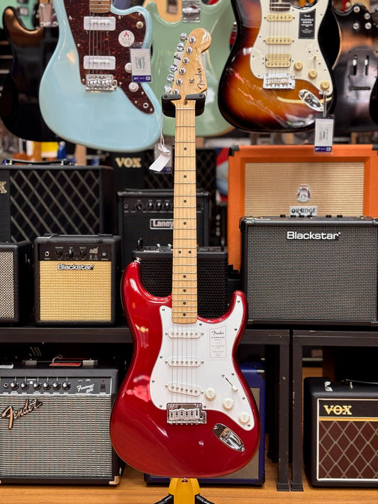 Fender Standard Stratocaster Electric Guitar w/White Pickguard, Maple FB, Candy Cola